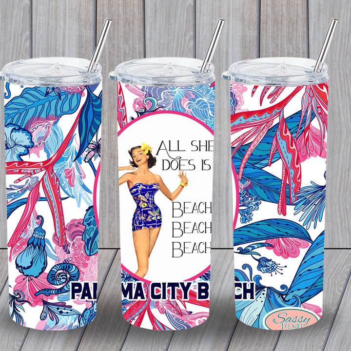 Sassy Talkin - Wholesale Insulated Mug/Tumbler - Sassy Girl, 20oz. Metal Tumbler, All she does is beach