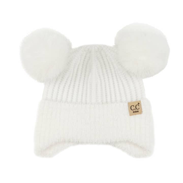 Funky Junque - Wholesale Beanie - Kids - Kids Double Pom Chenille Earflap Beanie - White