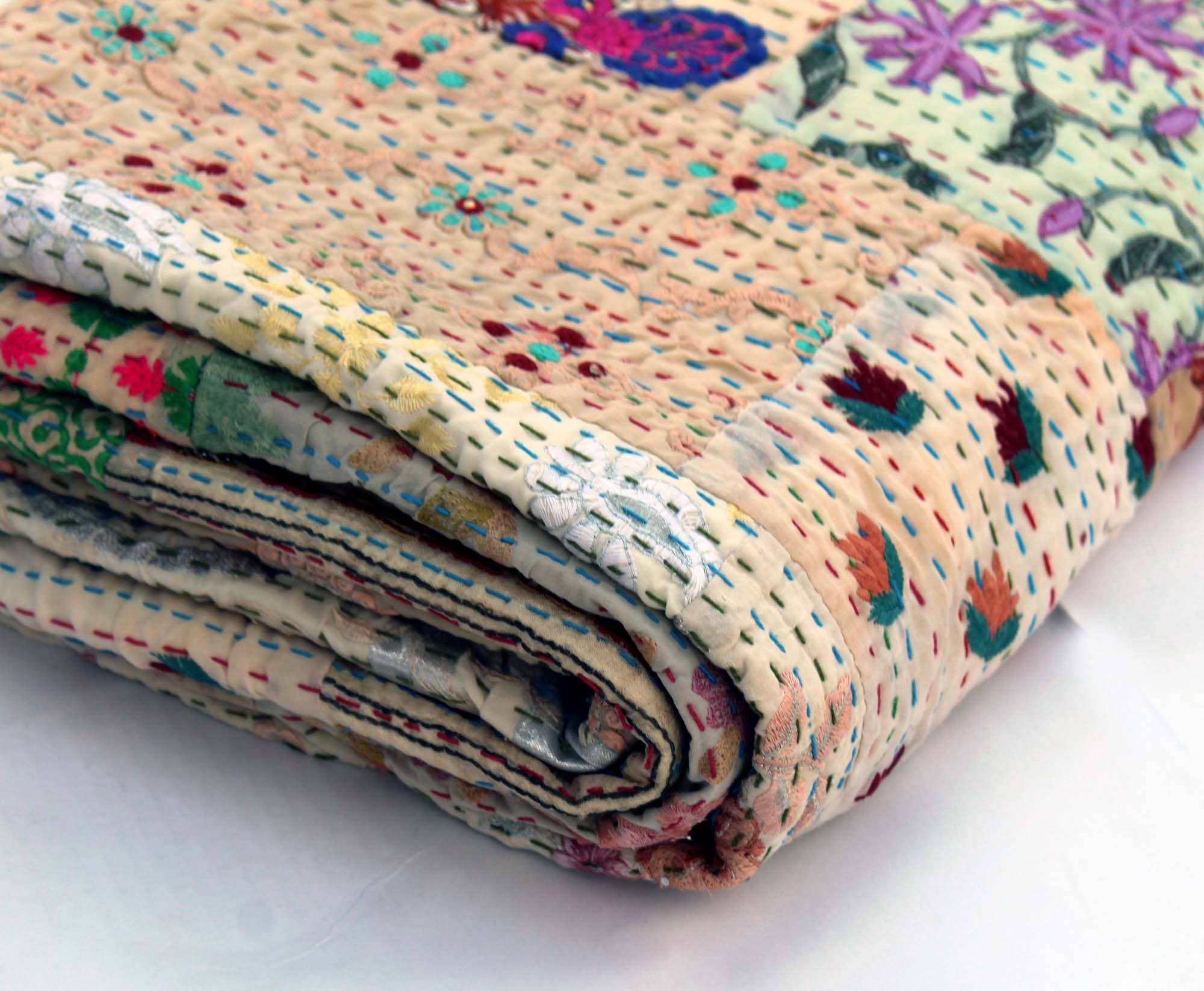 Beige  Cotton Embroidered Sari Patchwork Kantha Bedspread  for wholesale on Faire2