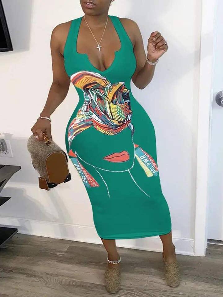 Fashion Combination - Wholesale Dress - Women's - figure print plunge thick strap midi dress