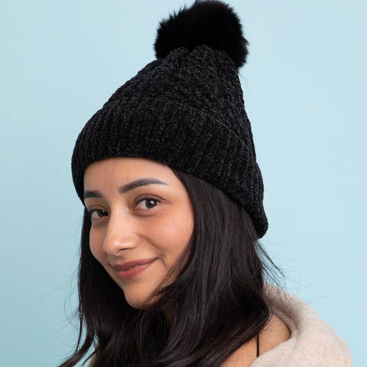 Leto Accessories - Wholesale Beanie - Women's - Velvet Cable Knit Beanie with Pom โ Highest Quality Fabric8