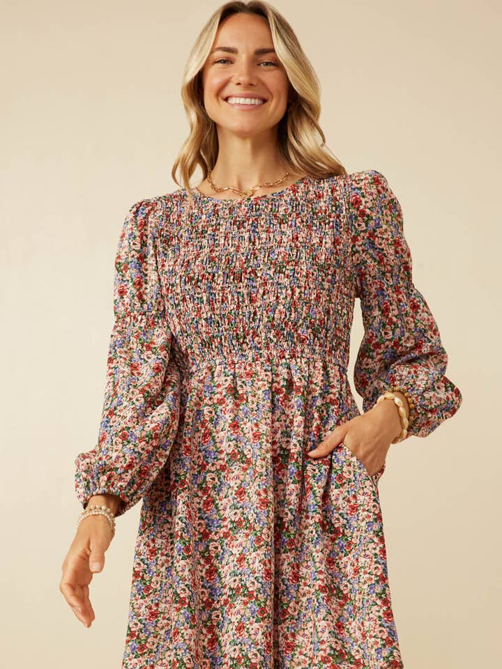 Womens Smocked Bodice Peasant Sleeve Ditsy Floral Dresss for wholesale by Hayden LA