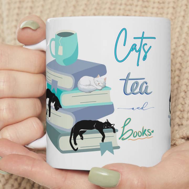 Cats, Tea, and Books Ceramic Mug, (11oz) for wholesale by Halli Starling Books