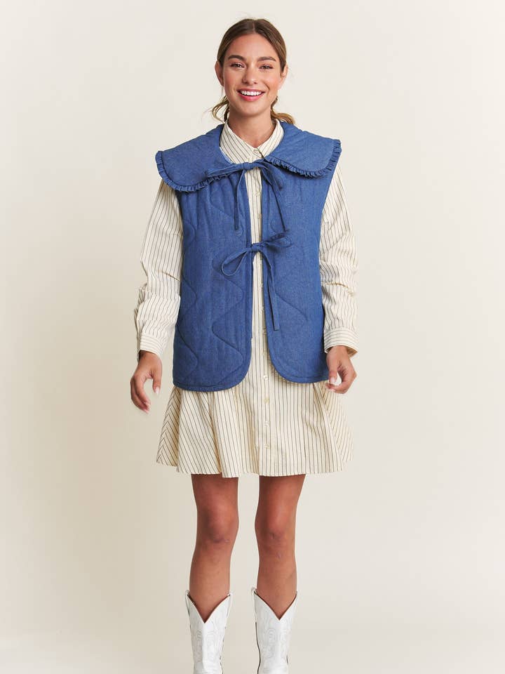 Quilted Denim Washed Vest for wholesale by In The Beginning