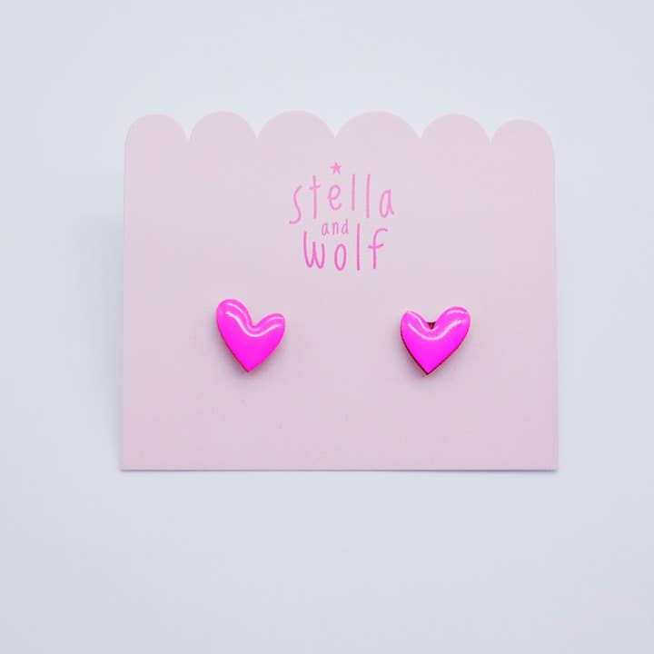 Stella and Wolf - Wholesale Stud/Post Earrings - Neon pink wooden heart studs, wonky heart earrings