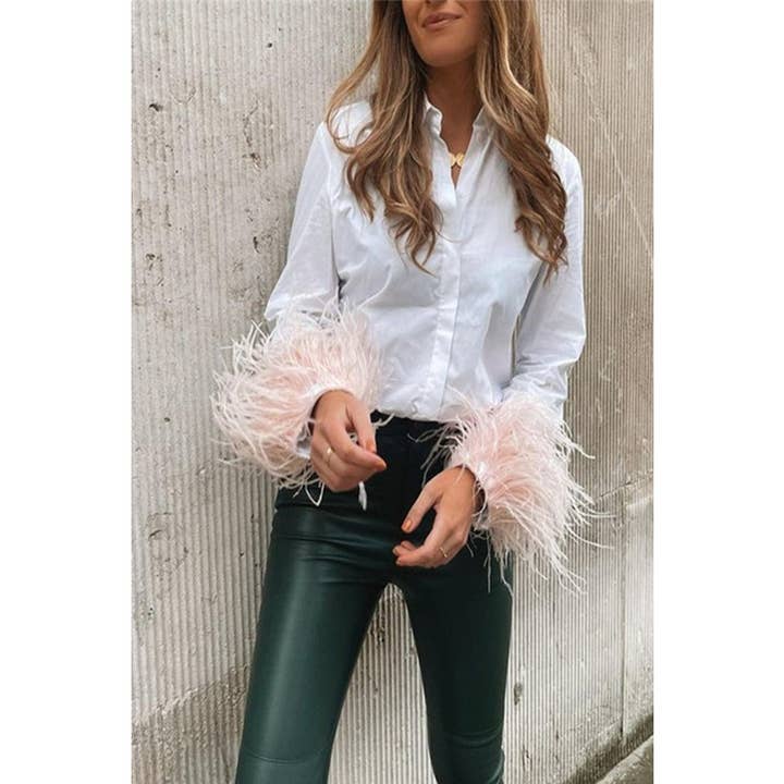 Paperdoll - Wholesale Button Down Shirt - Women's - Woman Long Sleeve Feather Top 2