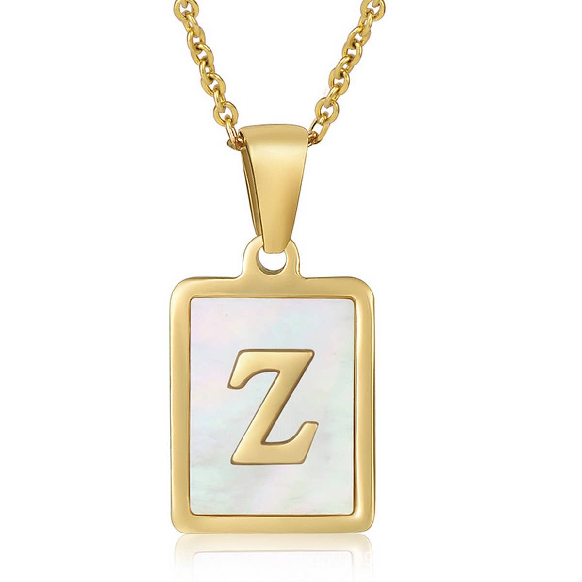 NINEXIS - Wholesale Pendant/Charm Necklace - CWAJE1917_Square Stainless Steel White Shell Letter Necklace26