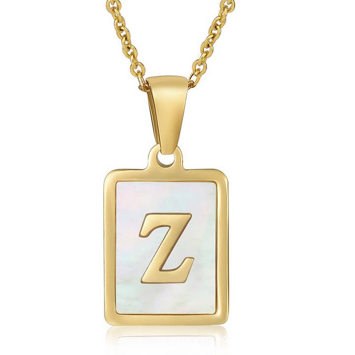 NINEXIS - Wholesale Pendant/Charm Necklace - CWAJE1917_Square Stainless Steel White Shell Letter Necklace26