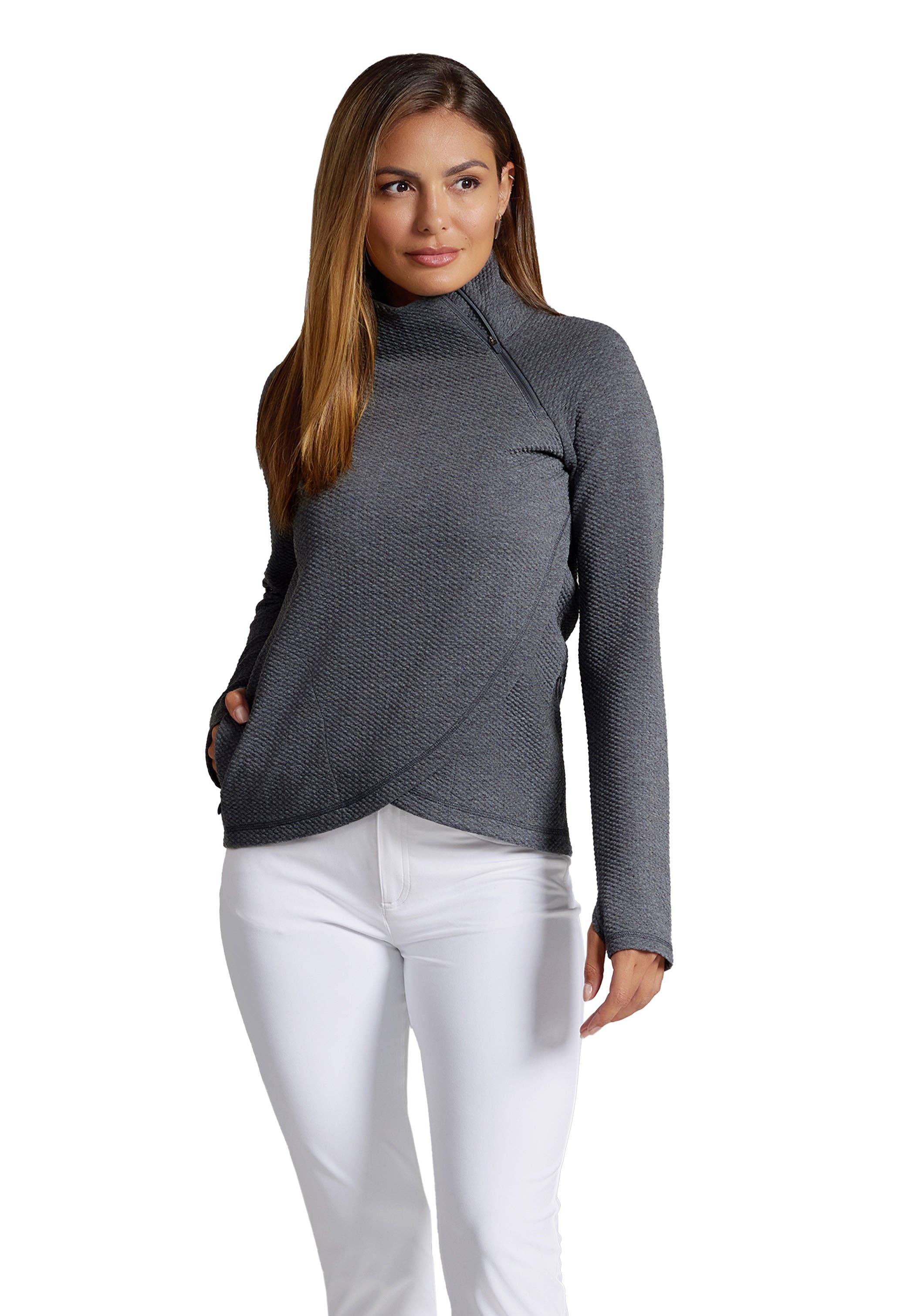 IBKÜL - Wholesale Sweatshirt - Women's - Solid Popcorn Stitch Asymmetrical Zip Pullover 2.02