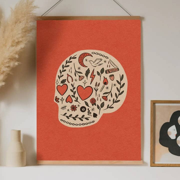 Hjerte øjne Botanisk Tattoo Tegneserie Skull Art Print 9x12 i for engroshandel hos Molly Illustration