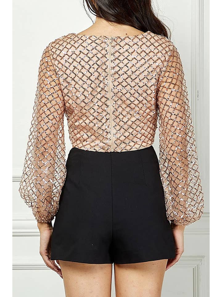 ROUSSEAU - Wholesale Blouse - Women's - SEQUIN SWEETHEART NECK LONG SLEEVES CROP TOP