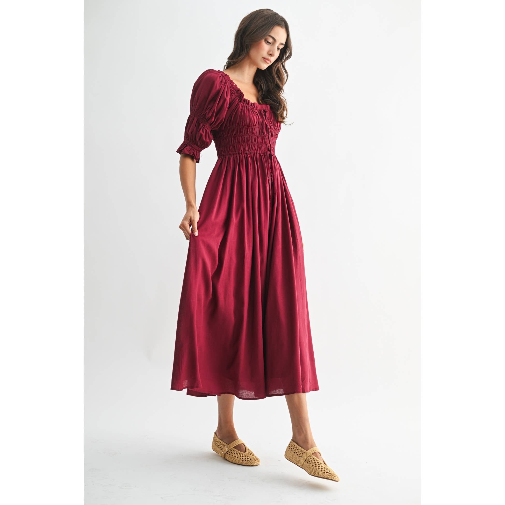 BURGUNDY OFF-SHOULDER SMOCKED MIDI DRESS WITH PLEATED SKIRT for wholesale on Faire8