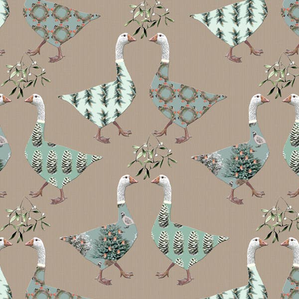 Sally Scaffardi Design – Engroshandel Julekort – Halv pris julekort - flere gæs med mistelten1