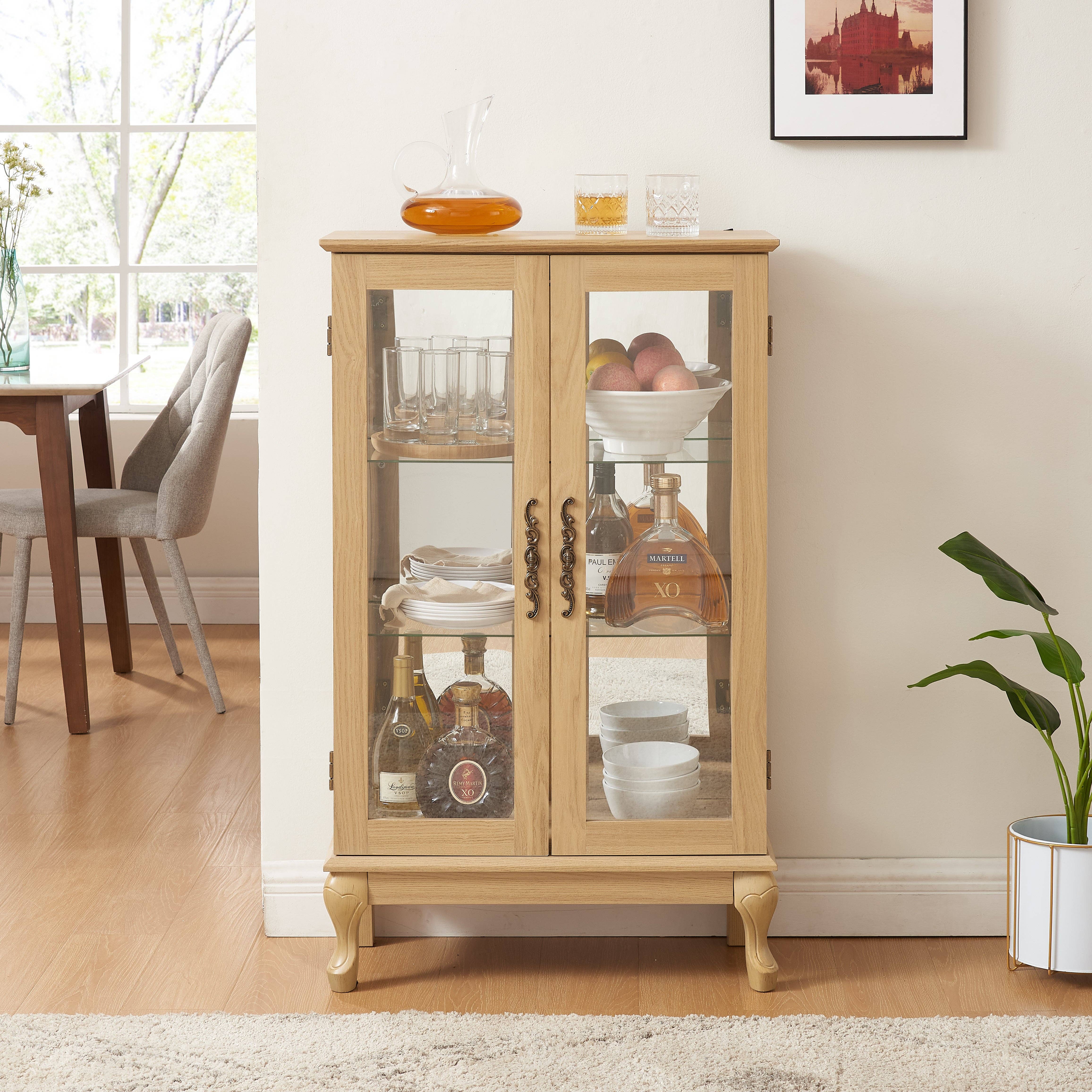 Orange County Decor - Wholesale Cabinet - 2 Doors Curio Cabinet With Tempered Glass Doors, Curio Cabinets With Mirrored Back Panel And Adjustable Shelves, Lighted Display Cabinet For Home, Office Light Bulb Included Oak Oak Mdf Glass