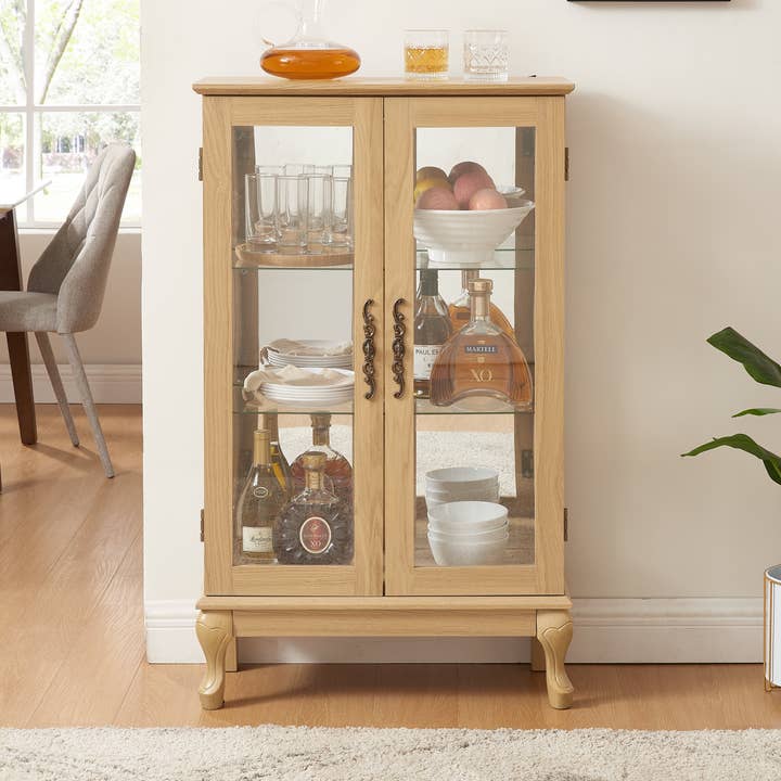 Orange County Decor - Wholesale Cabinet - 2 Doors Curio Cabinet With Tempered Glass Doors, Curio Cabinets With Mirrored Back Panel And Adjustable Shelves, Lighted Display Cabinet For Home, Office Light Bulb Included Oak Oak Mdf Glass0