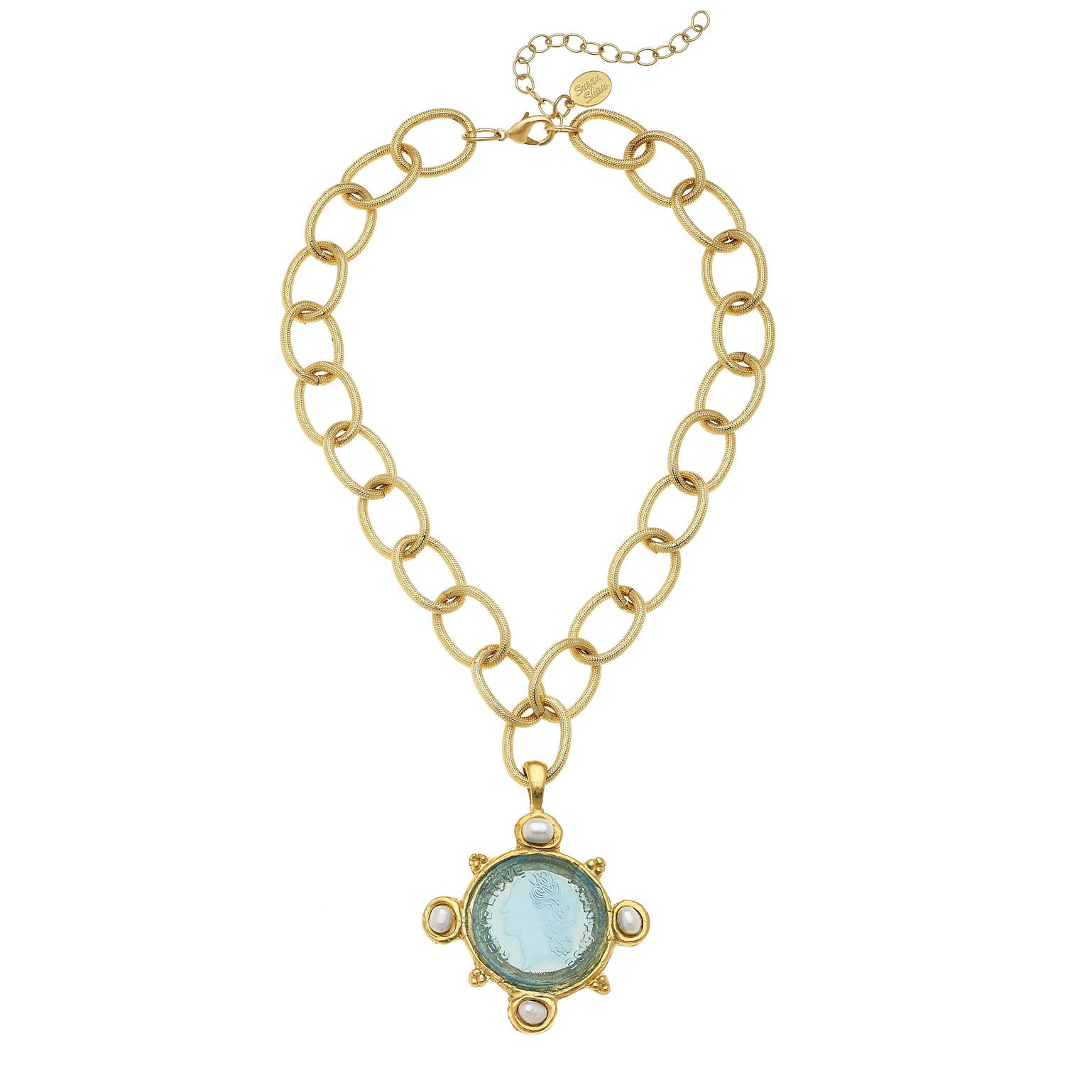 Susan Shaw - Wholesale Pendant/Charm Necklace - Aqua Venetian Glass Coin Intaglio and Genuine Freshwater Pearls on Chain Necklace0