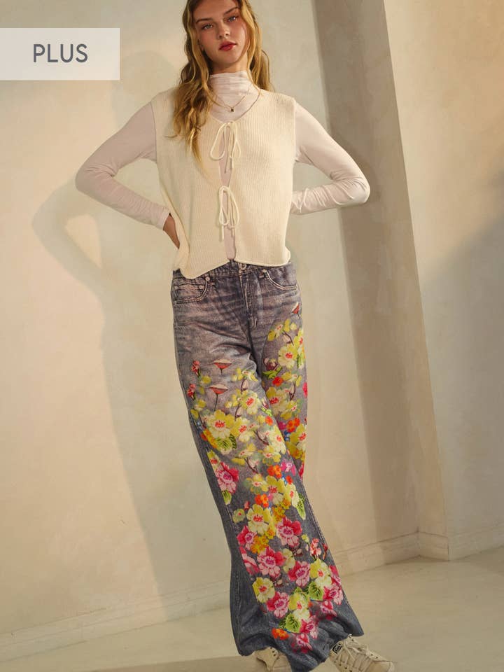 Plus Floral & Faux Denim Printed Wide Pants for wholesale by Oddi
