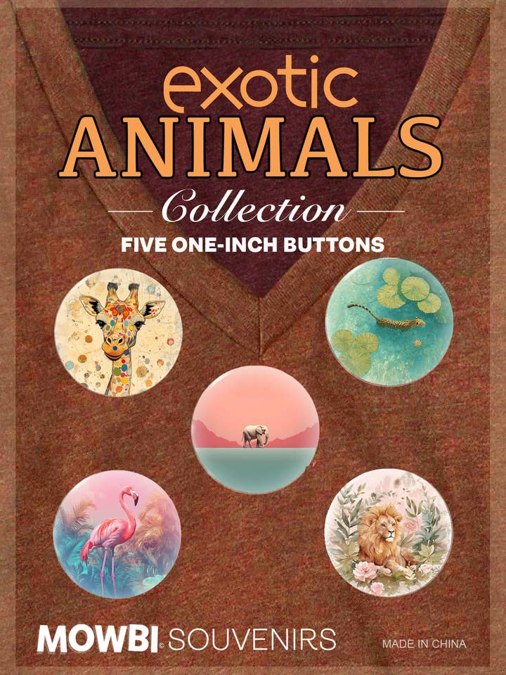 Zoo Animals Button Collection #1 – Giraffe, Leopard, Elephant, Flamingo, & Lion for wholesale by Mowbi Souvenir