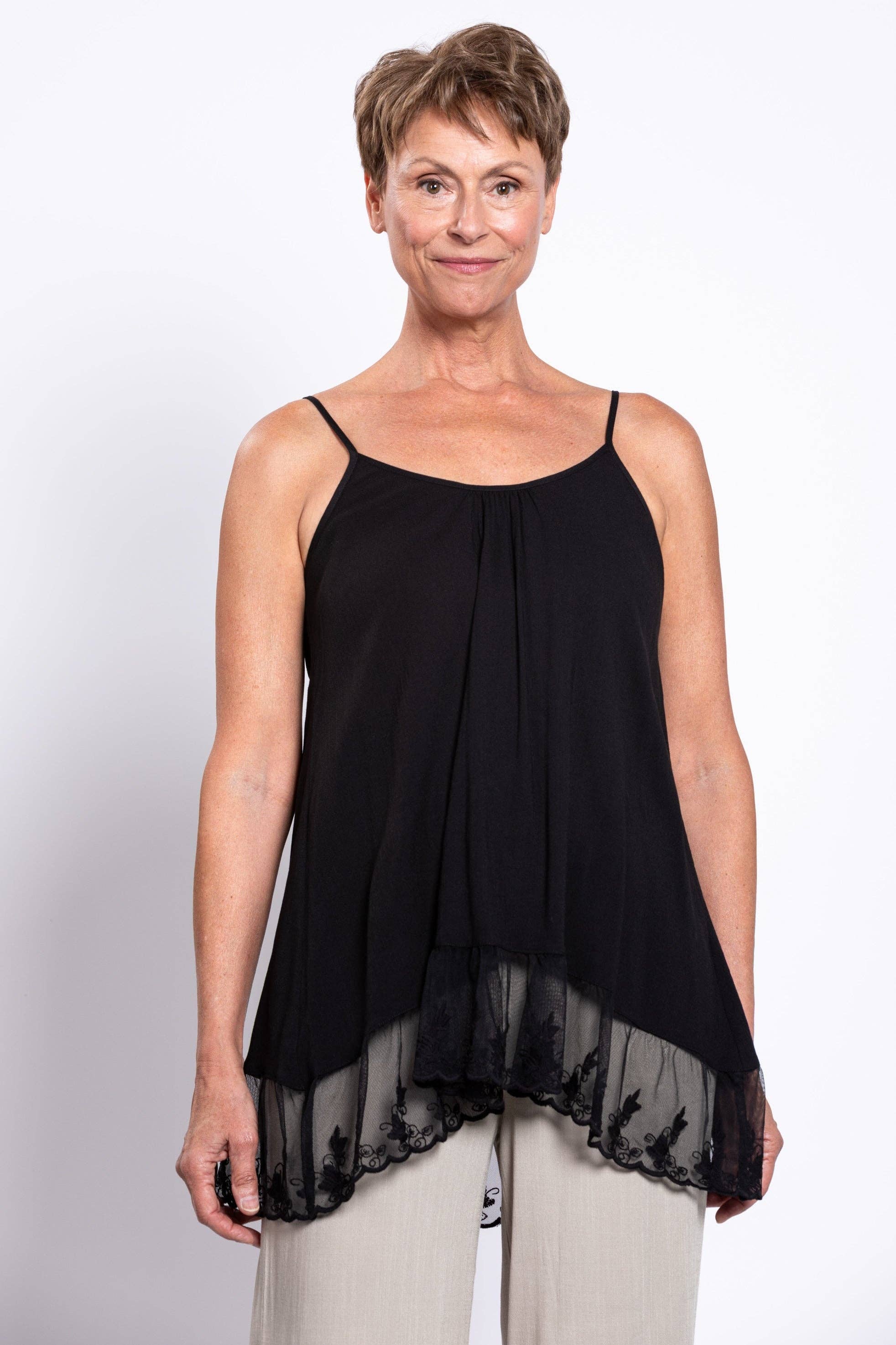 Blue Sky Clothing Co LLC – Túnica - Mulher por atacado – Renda Chantilly, Preto, Linho Bambu0