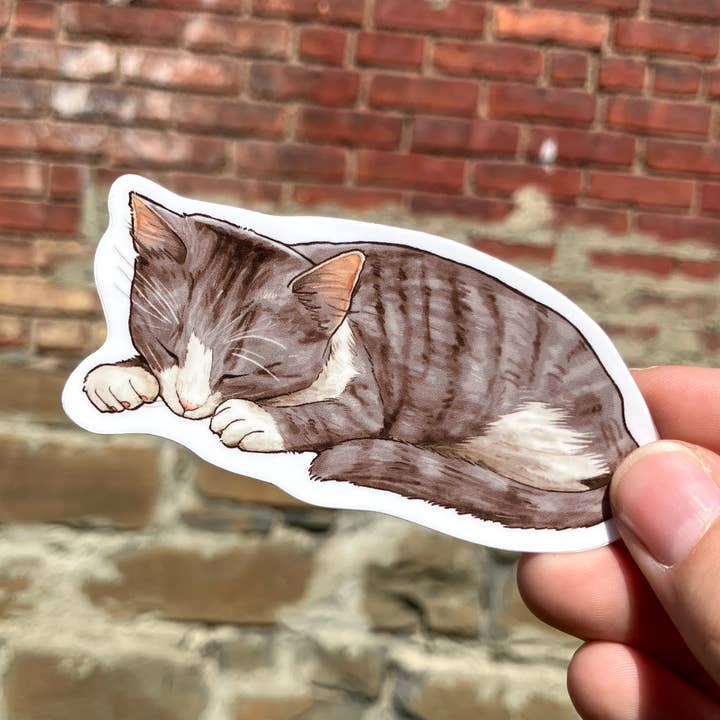 Sleeping Tabby Cat Kitten, Premium Vinyl Sticker for wholesale by Art Fimbel