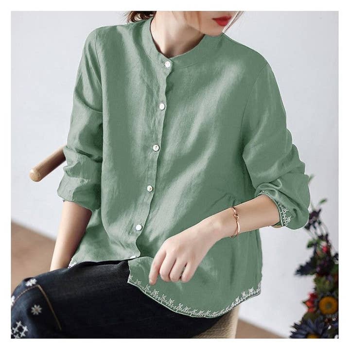 UZ Wholesale Store - Wholesale Button Down Shirt - Women's - Solid Color Loose Fit Plus Size Stand Collar Shirt