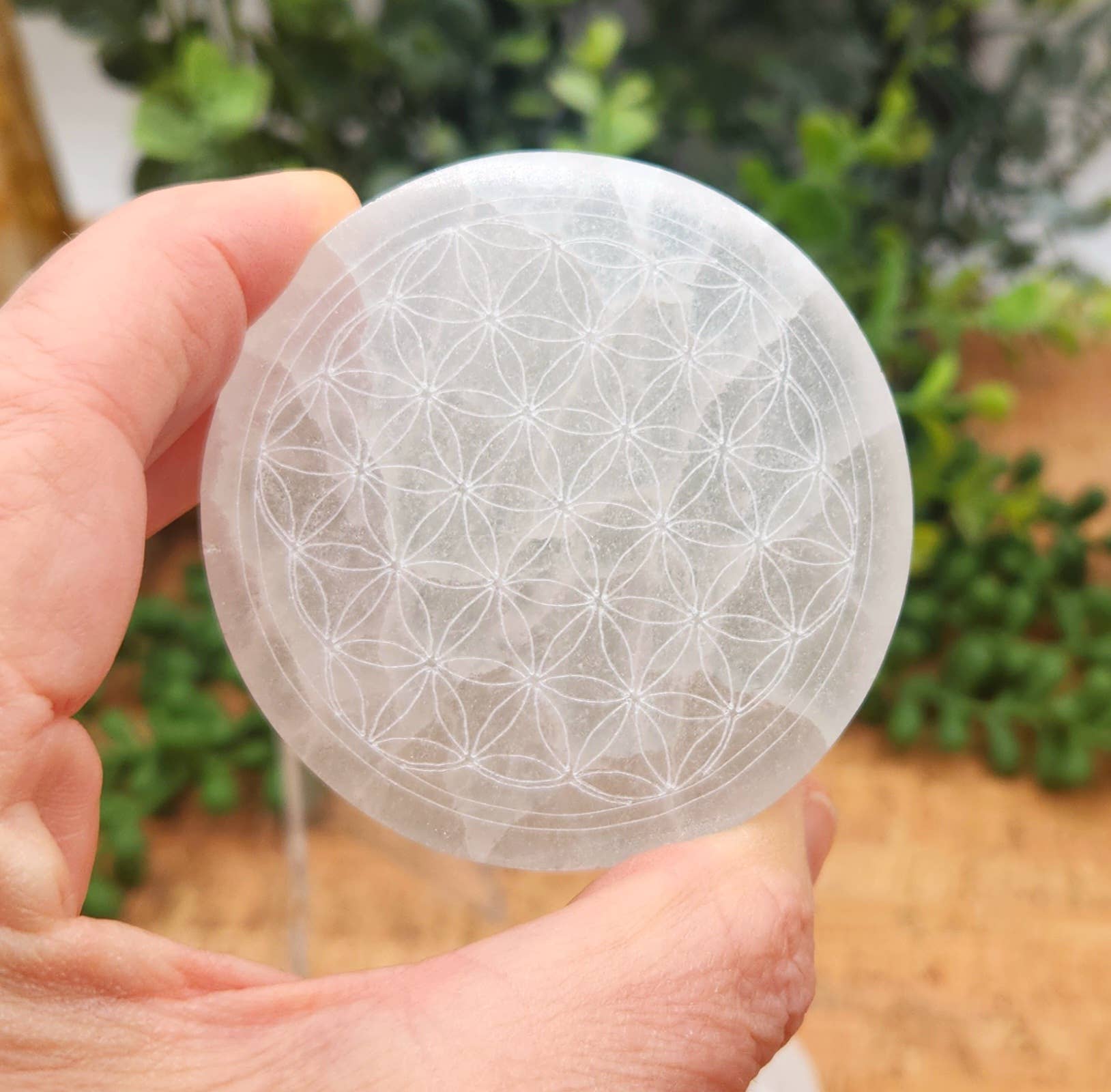 Meraki Gemstones - Wholesale Spiritual Stone/Crystal - Selenite Charging Plate/Coaster Round - Flower of Life 6-7cm10