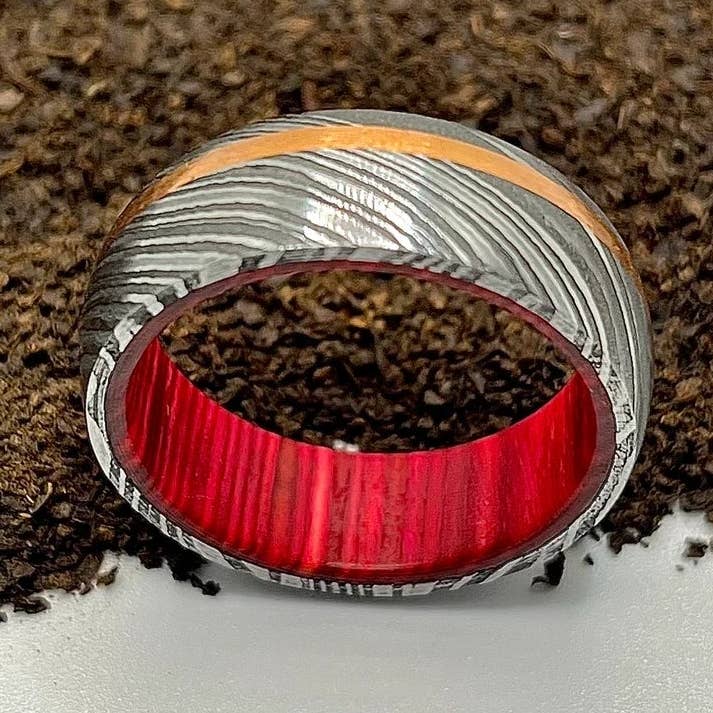 Damascus Steel Ring Lined with Wood Inlay for wholesale by RustyStudioUSA