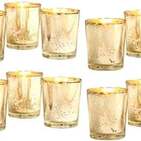 Hosley Set of 12 Gold Mercury Filled Glass Votive Candles for wholesale by Hosley