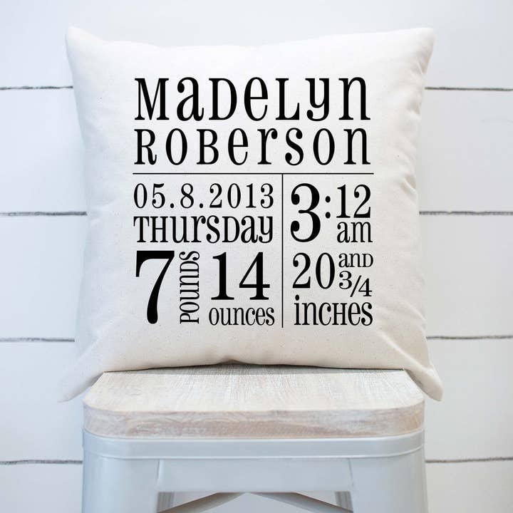 Custom Birth Stats Pillow Cover Nursery Pillow Decor for wholesale by Rising Tide Vintage