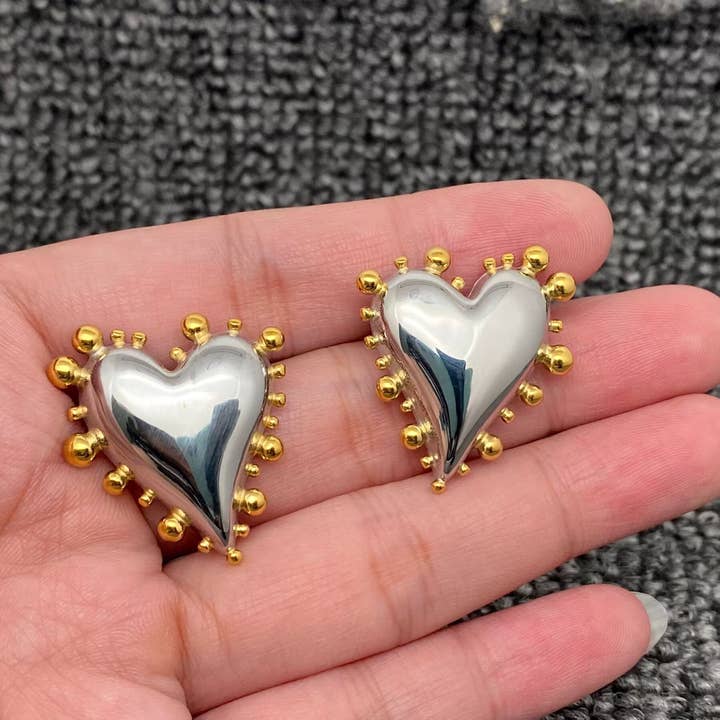 Glossy Two-tone Heart 18K Gold Plated SS Post Earrings - FGS for wholesale by Mio Queena