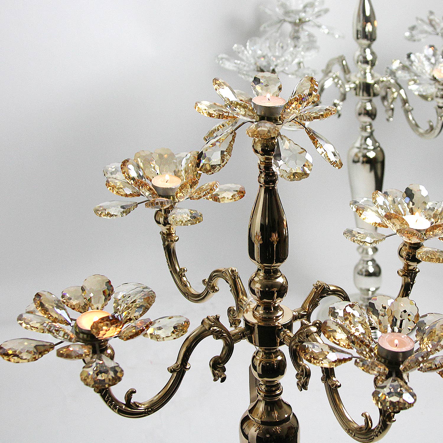 5 Arm Crystal Candelabra Metal Candle Holder, Gold for wholesale on Faire5