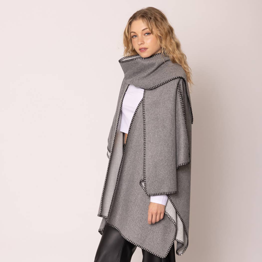 Fashion City - Wholesale Poncho - Women's - Stitched Edge Scarf Ruana Wrap Poncho6