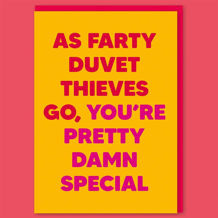 Farty duvet thieves Greeting Card for wholesale by Dean Morris Cards