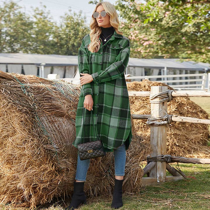 Green Long Wool-blend Plaid Shirt Shacket(BIG SALE) for wholesale on Faire