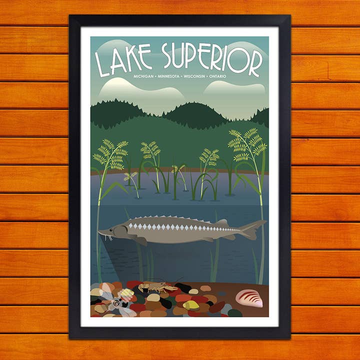 Lake Superior Sturgeon Retro Travel Poster Prints for wholesale by Bemused Creative