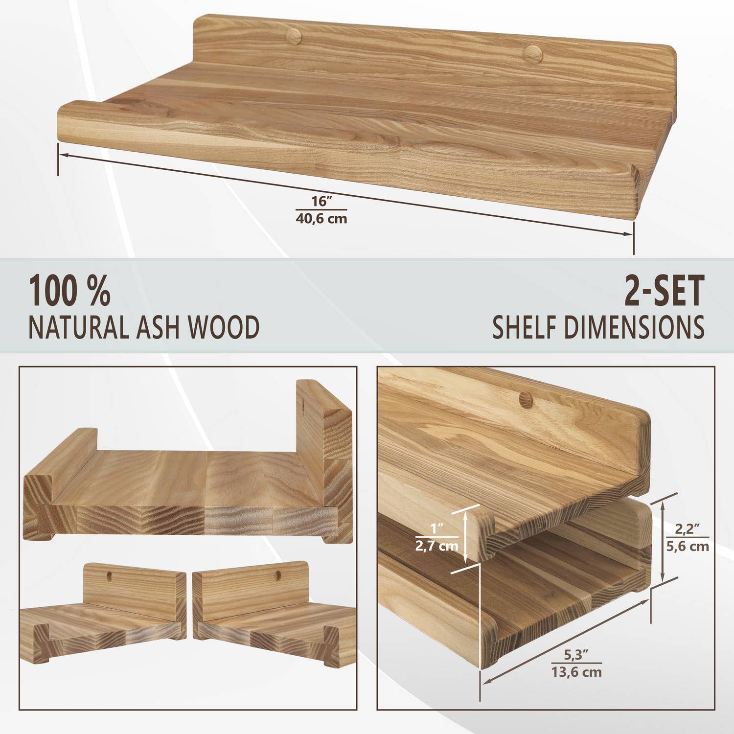 Wood Wedge - Vente Étagères murales - Étagère murale flottante en bois avec rebord, étagère d'exposition 40 cm4