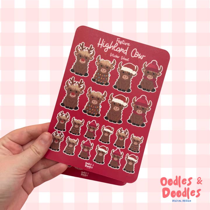 Festive Highland Cow Sticker Sheet: Waterproof Decals for wholesale by Oodles & Doodles