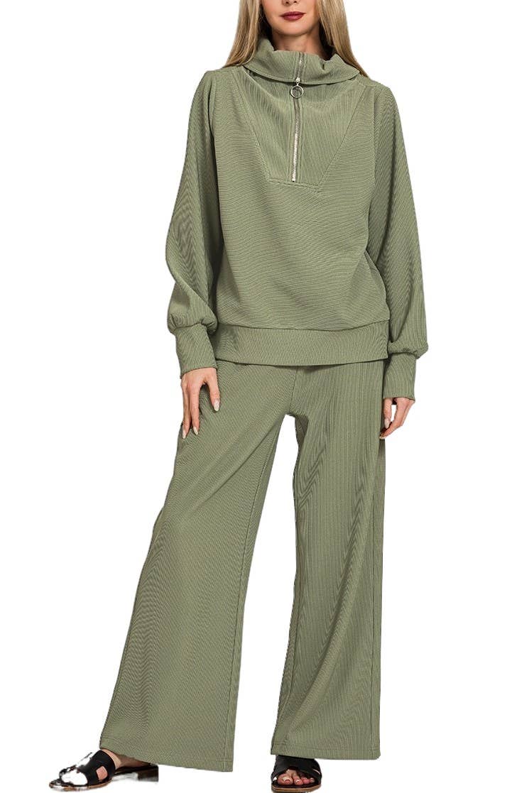 Vanilla Monkey - Wholesale Top & Pant Set (NOT Loungewear) - Women's - Ribbed High Neck Half Zip Pullover And Pants Set9
