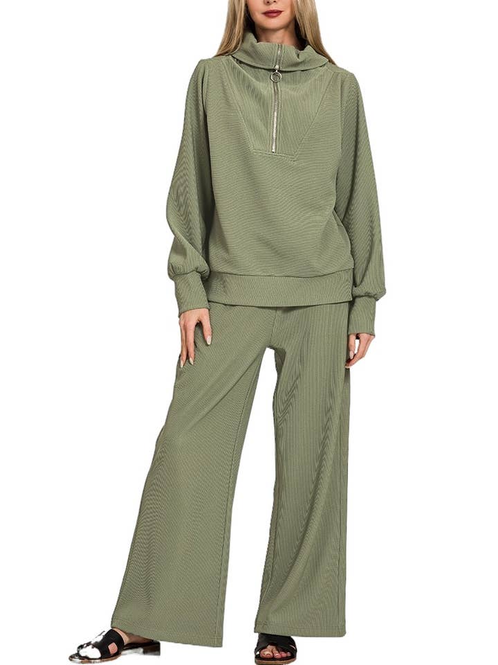 Vanilla Monkey - Wholesale Top & Pant Set (NOT Loungewear) - Women's - Ribbed High Neck Half Zip Pullover And Pants Set9