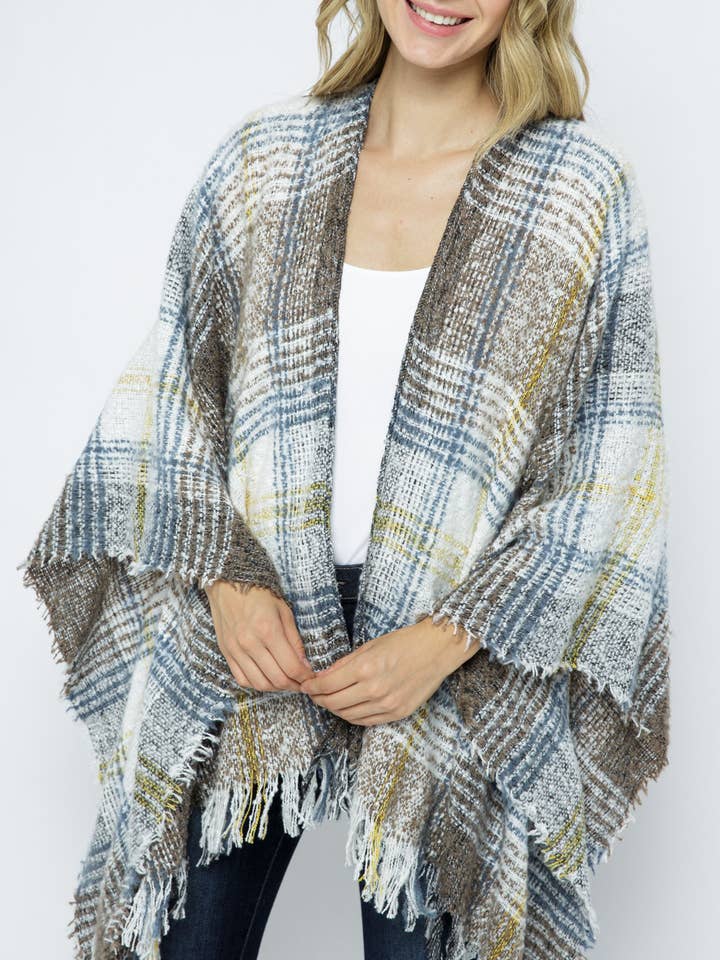 Plaid Knitted Cape Cardigan for wholesale by Bloidy
