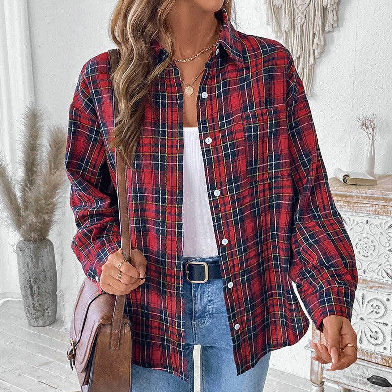 Red Spring and autumn retro lapel plaid shirt women's jacket for wholesale on Faire3