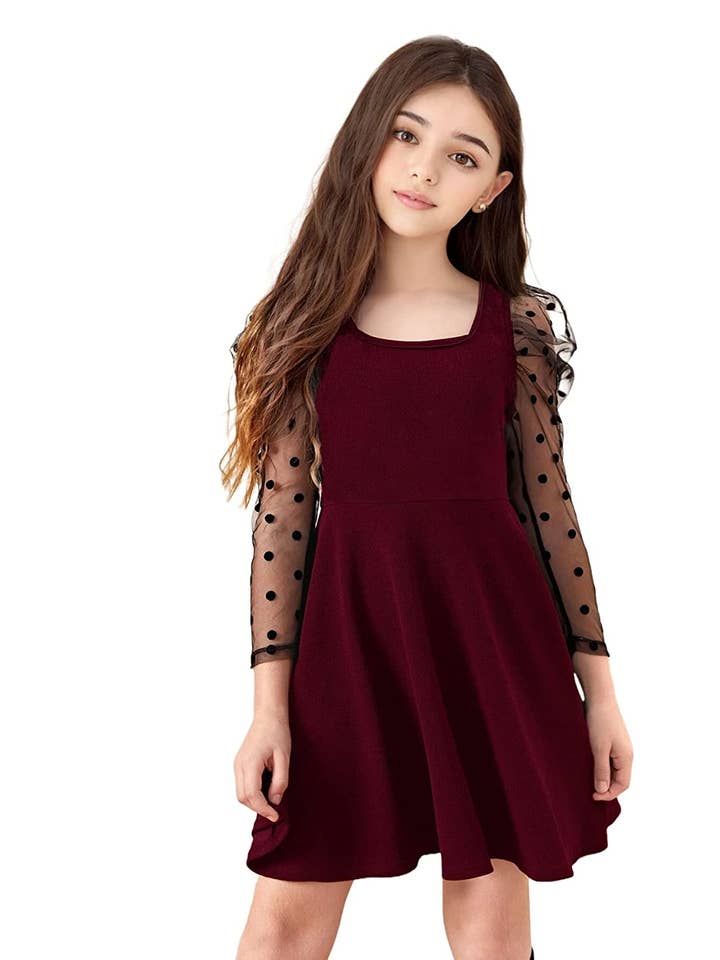 Piger Midi/Knælange Casual Full Sleeve Kjole Maroon for engroshandel hos NEOSTITCH LLC