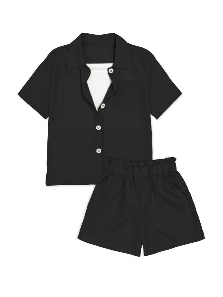 Cutie Patootie Clothing - Wholesale Top & Short Set - Kids - GKSS-23-3058B Girl's 3 pc Short Set w/ Flower Buttons