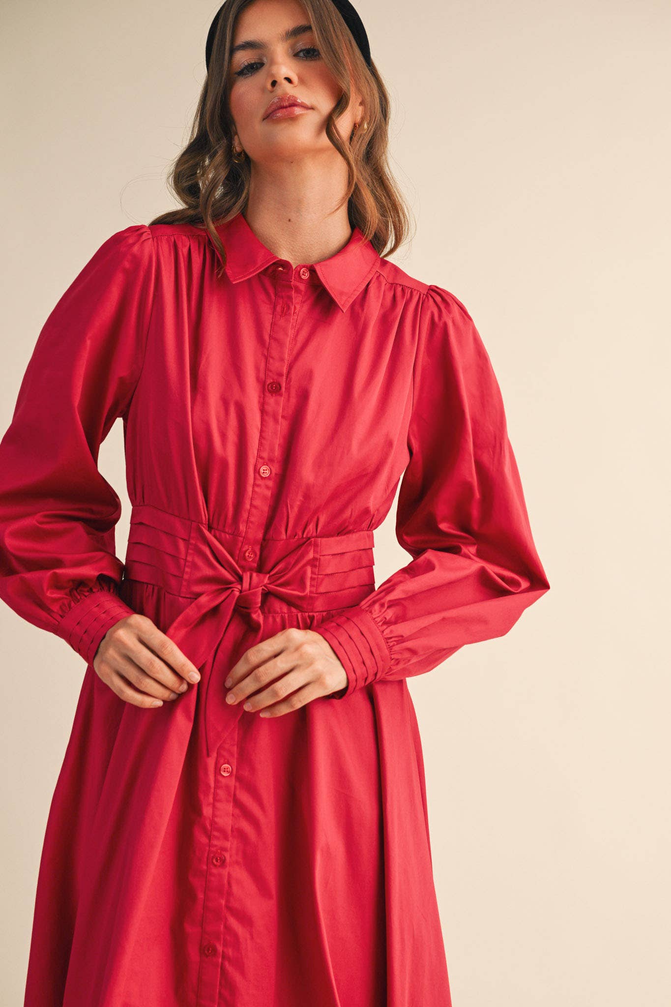 &MERCI - Wholesale Dress - Women's - PINTUCK WAIST TIE FRONT MIDI DRESS MDR421931