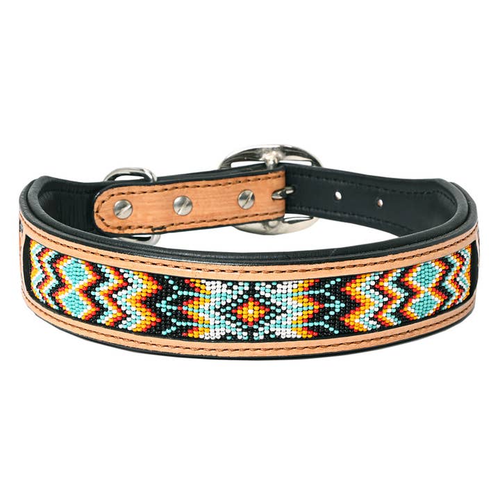 HILASON - Wholesale Pet Collar - Dog - Beaded Hand Tooled Strong Leather Dog Collar Black/Tan
