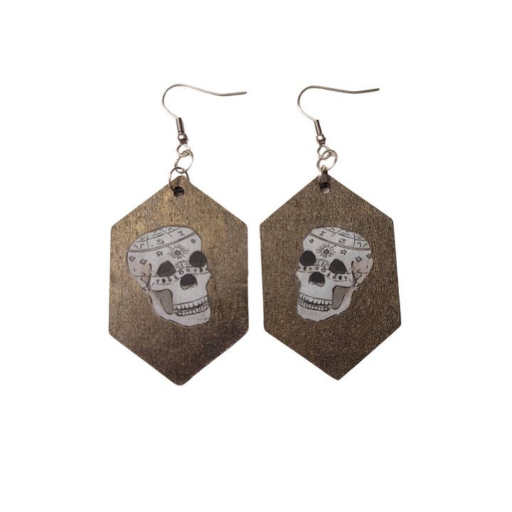 Skull Earrings Dangle, Wood Halloween Dangle Earrings for wholesale by Everything's Right Designs