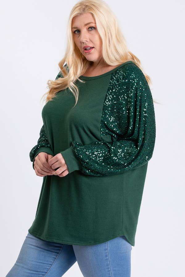 7th Ray - Wholesale Tunic - Women's - [PLUS SIZE] Brushed Knit Sequin Long Sleeve Top T2937XL19