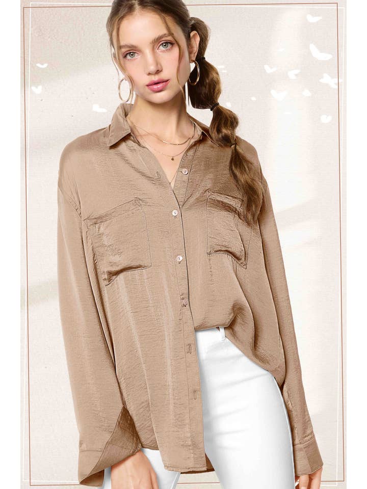 La Miel - Wholesale Button Down Shirt - Women's - SRT7452-Silky and Flowy Button Down Long Sleeve Shirts31