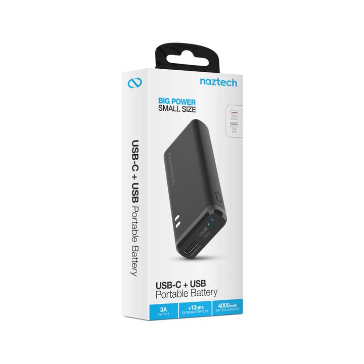 JupiterGear Home - Venta al por mayor Cargadores portátiles - Batería externa USB-C + USB Naztech de 4000 mAh