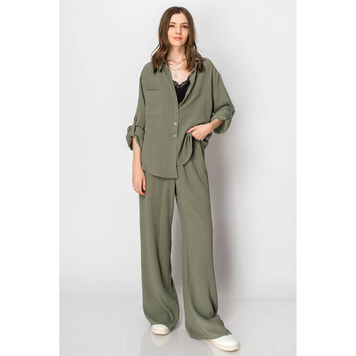 Button Down Wide Leg Flowy Long Sleeve Lounge Set for wholesale by SKYLAR ROSE